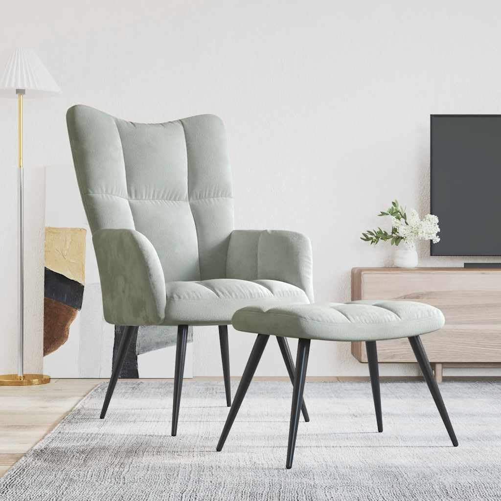 vidaXL Light Gray Velvet Relaxing Chair and Stool - Modern Design, Comfortable Foam Padding, Steel Frame, Perfect for Home Décor, Living Room, Bedroom, Lounge, or Office